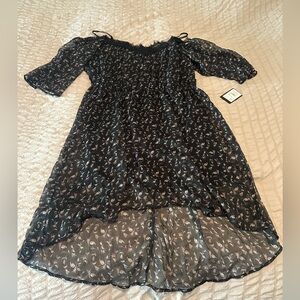 NWT- Want and Need High/Low-Black w/pink & blue floral-flutter off the shoulder